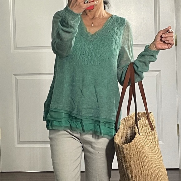 Knitted Knotted Green Alpaca Blend Thin Sweater S - Picture 1 of 11